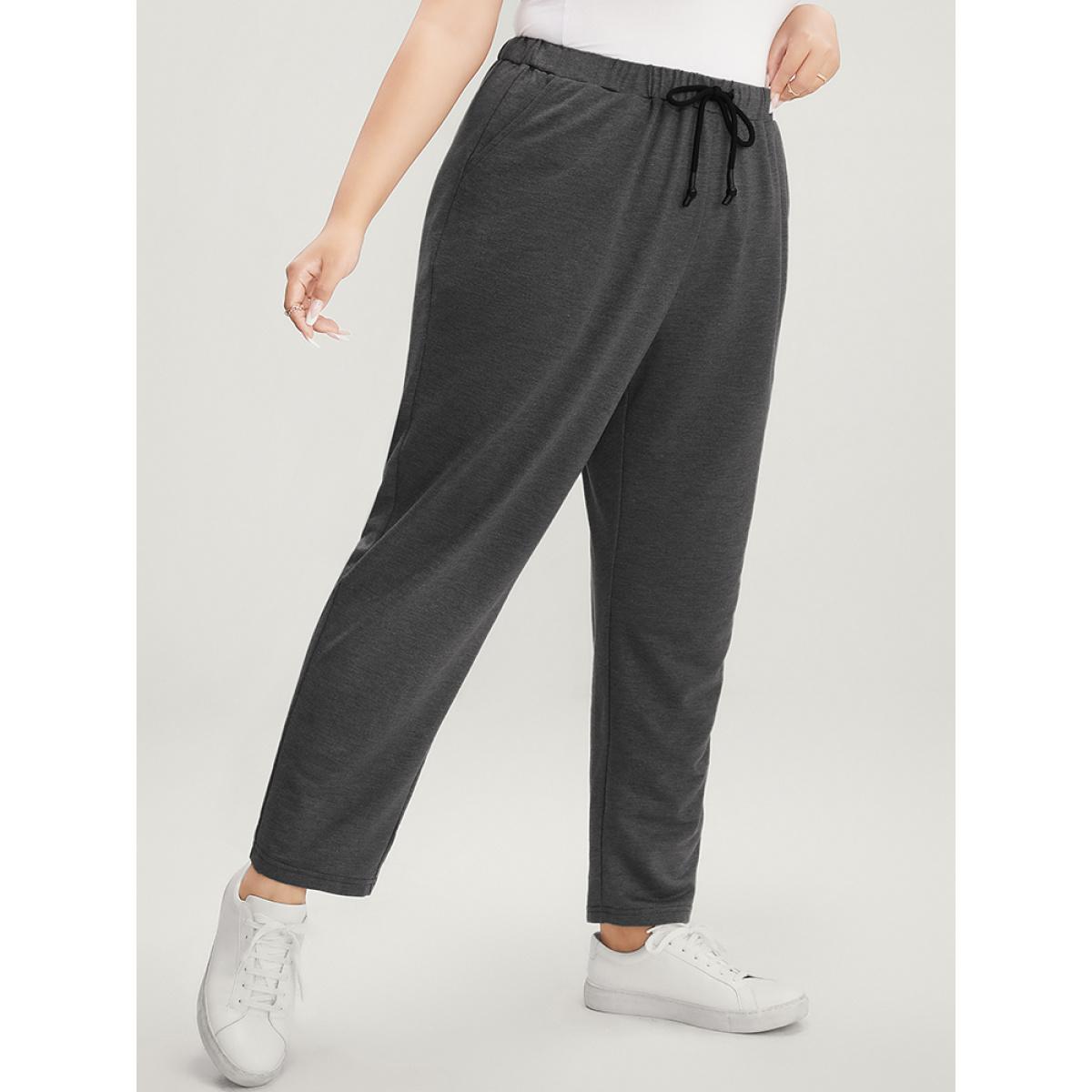 Plus Size Plain Pocket Elastic Waist Ties Front Pants Women Gray Casual Loose High Rise Dailywear Pants BloomChic 10/M Product Image
