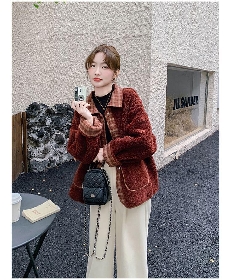 Plaid Trim Fleece Button-Up Jacket Product Image