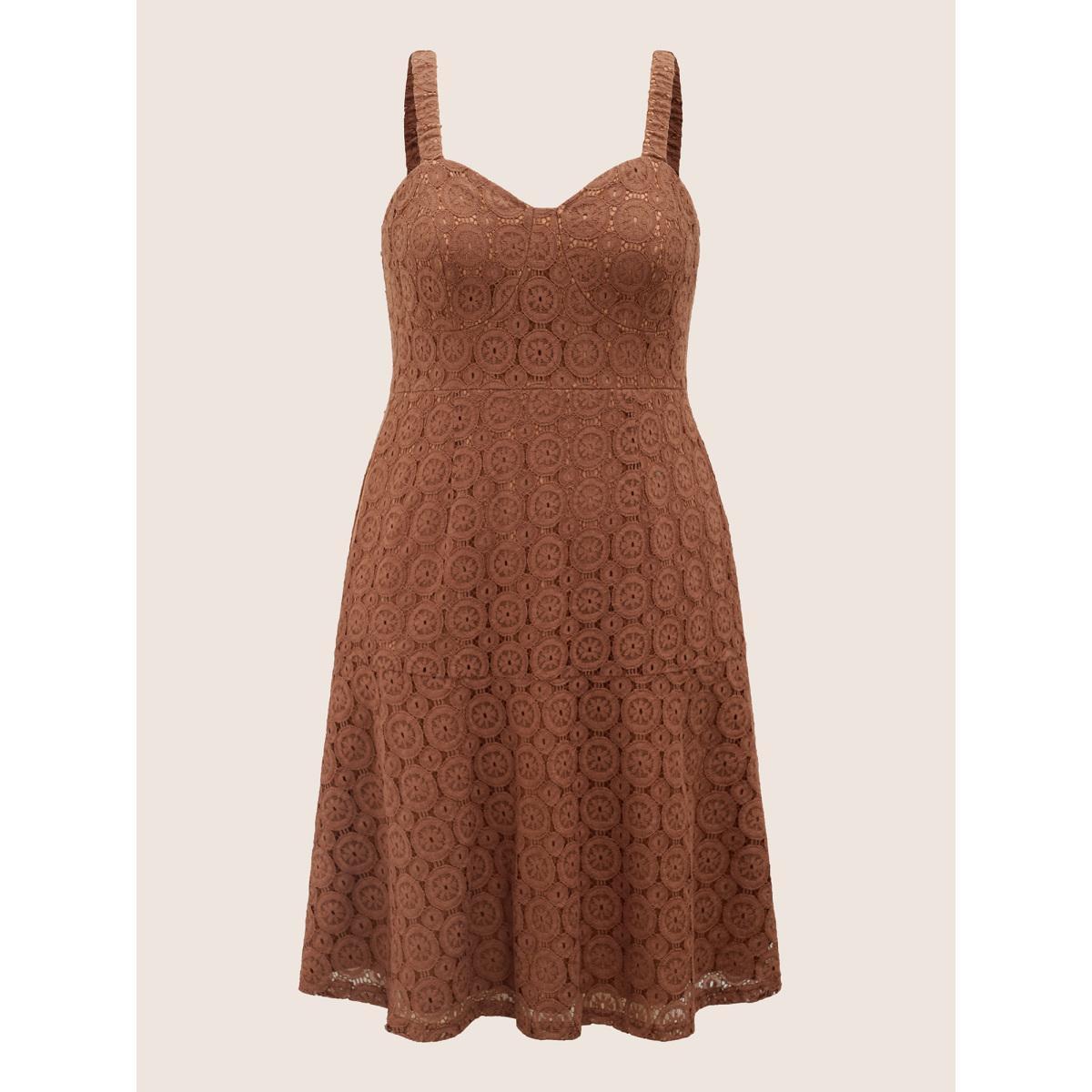 Plus Size Solid Lace Geometric Hollow Out Cami Dress Burgundy Women Cocktail Non V-neck Sleeveless Curvy Midi Dress BloomChic 18-20/2X Product Image