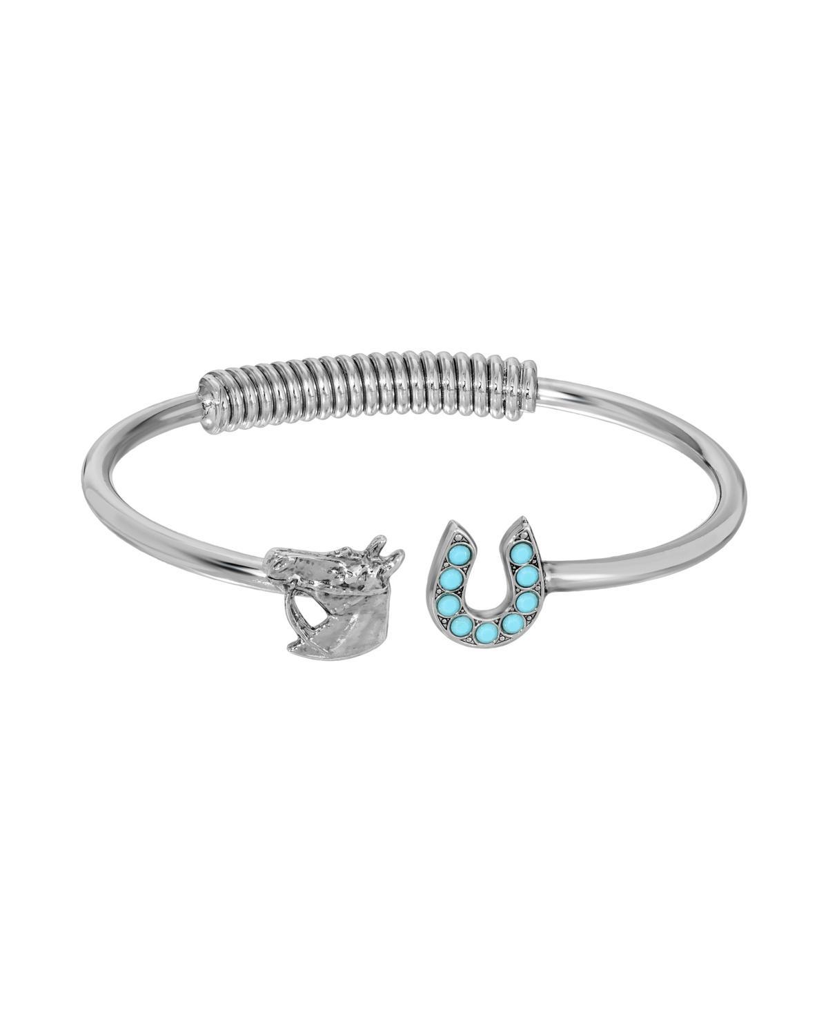 1928 Silver Tone Horse Head Crystal Horseshoe Cuff Bracelet, Womens, Turquoise Product Image