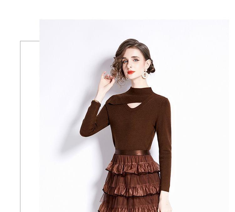 Set: Long Sleeve Mock Neck Plain Panel Knit Top + High Waist Tiered Mesh Maxi A-Line Skirt Product Image