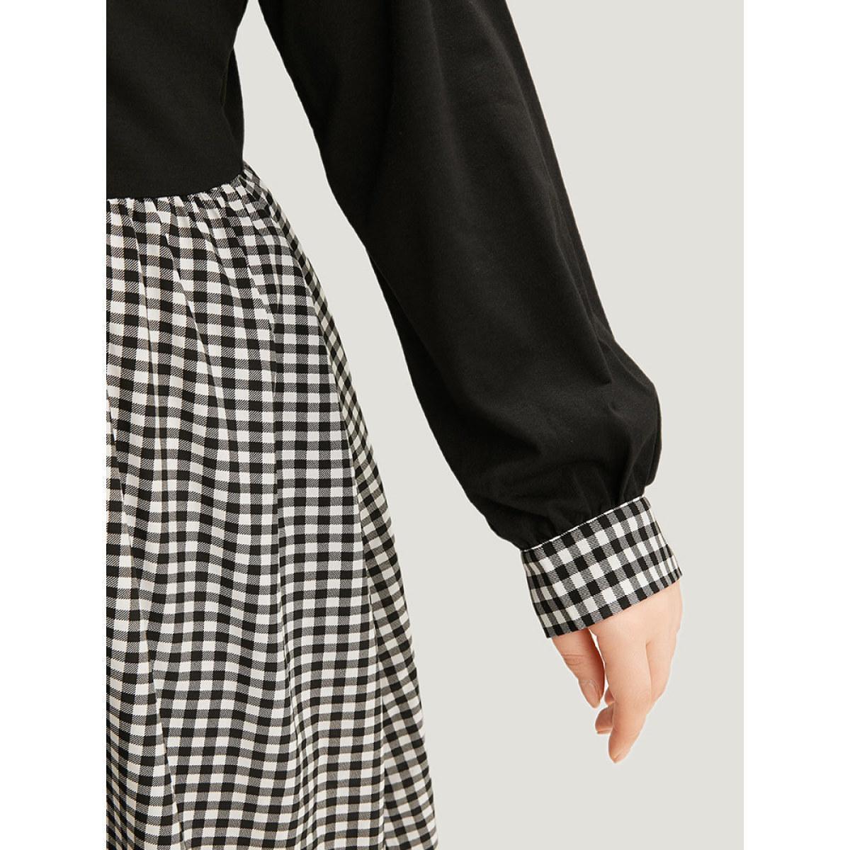 Plus Size Gingham Patchwork Pocket Shirt Collar Dress Black Women Office Patchwork Shirt collar Long Sleeve Curvy Midi Dress BloomChic 10/M Product Image