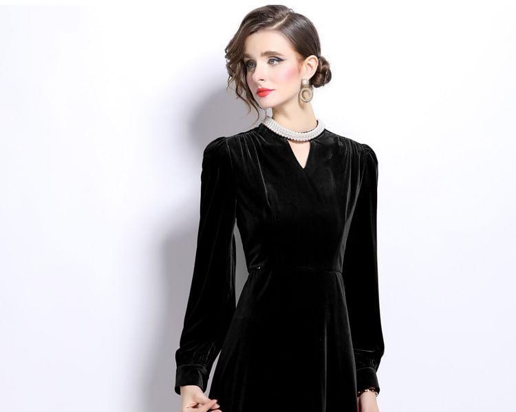 Long Sleeve Mock Neck Plain Beaded Keyhole Velvet Midi A-Line Dress Product Image