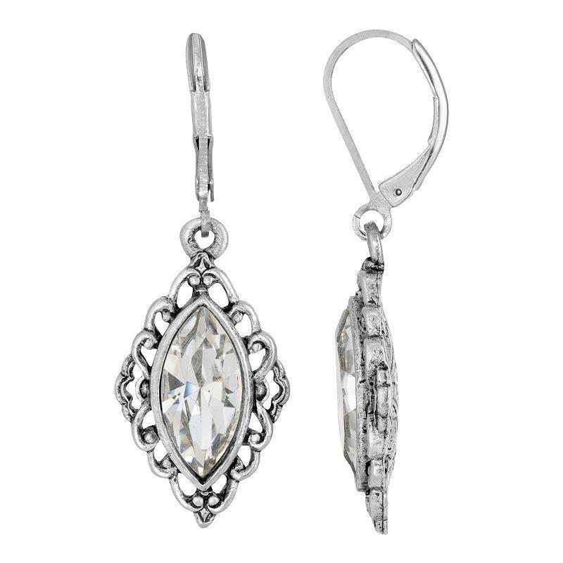 1928 Silver Tone Simulated Crystal Diamond-Shaped Filigree Drop Earrings, Womens, Clear Product Image