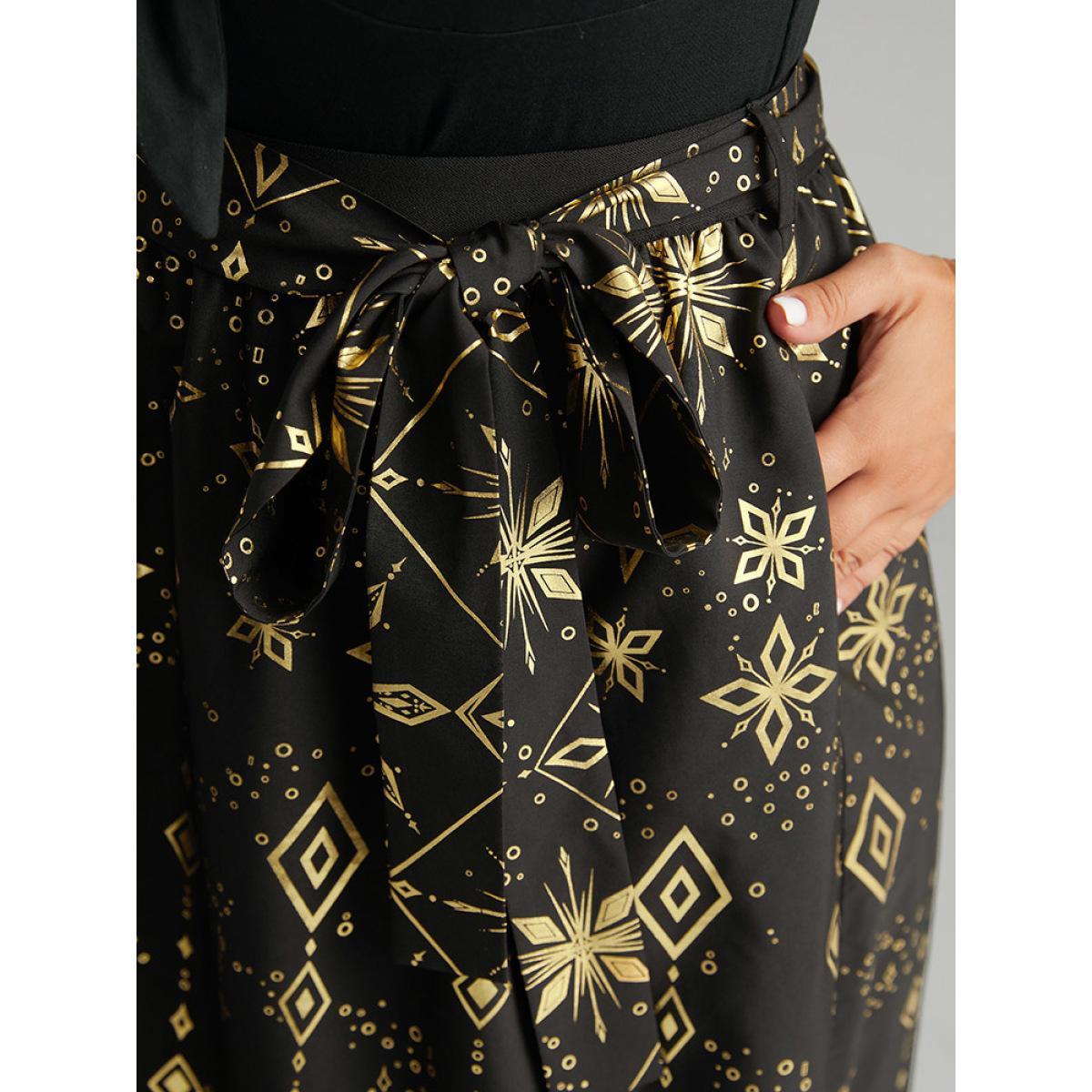 Plus Size Halloween Glitter Geometric Belted Pocket Skirt Women Black Elegant A-line No stretch Pocket Belt Festival-Halloween Skirts BloomChic 18-20/2X Product Image