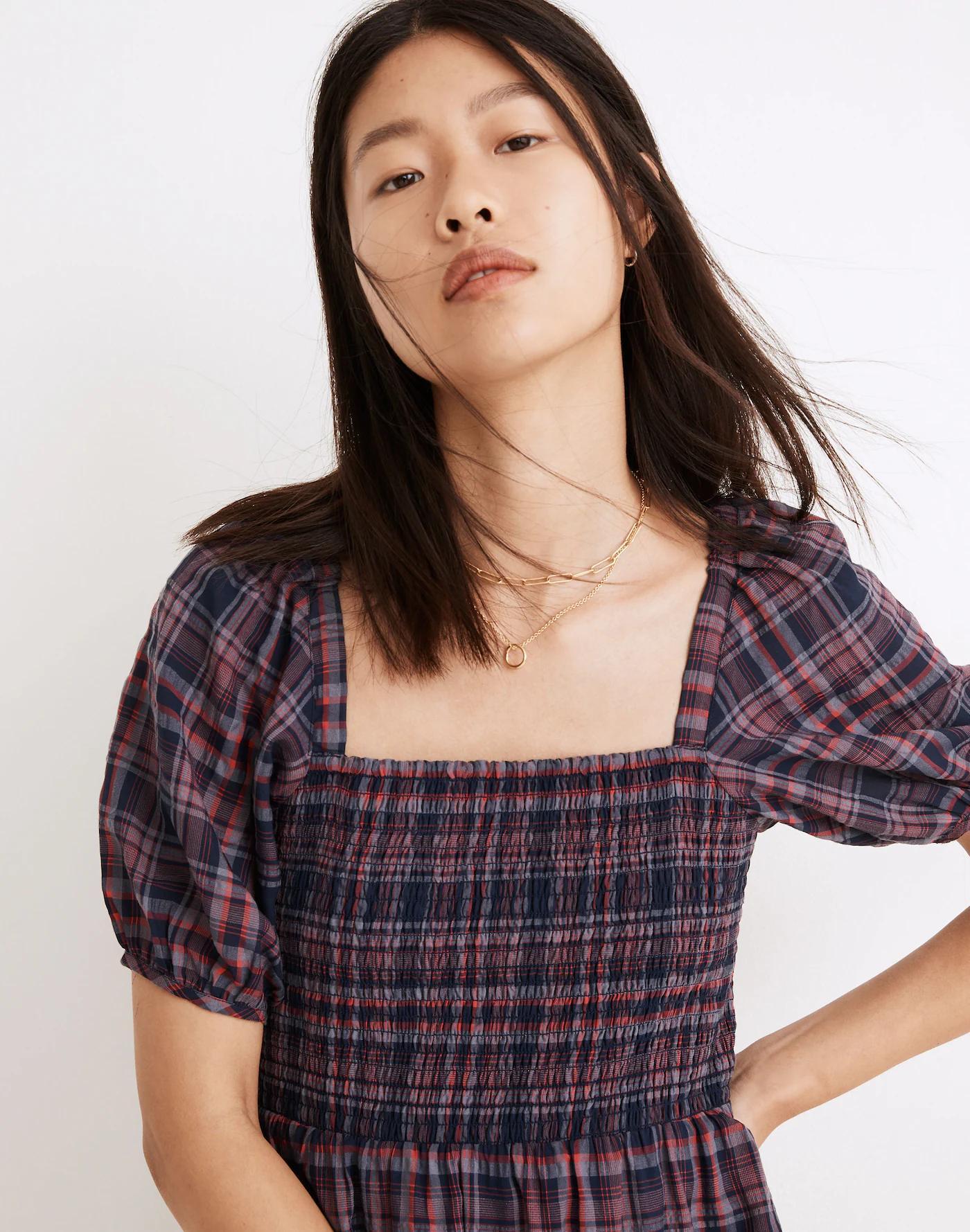 Lucie Puff-Sleeve Smocked Mini Dress in Rockfern Plaid Product Image
