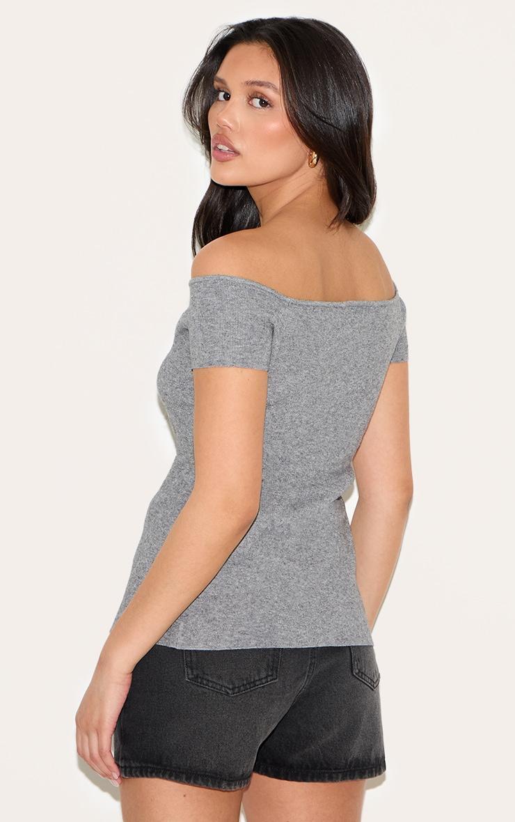 Ash Grey Rib Knit Button Up Bardot Split Hem Top Product Image