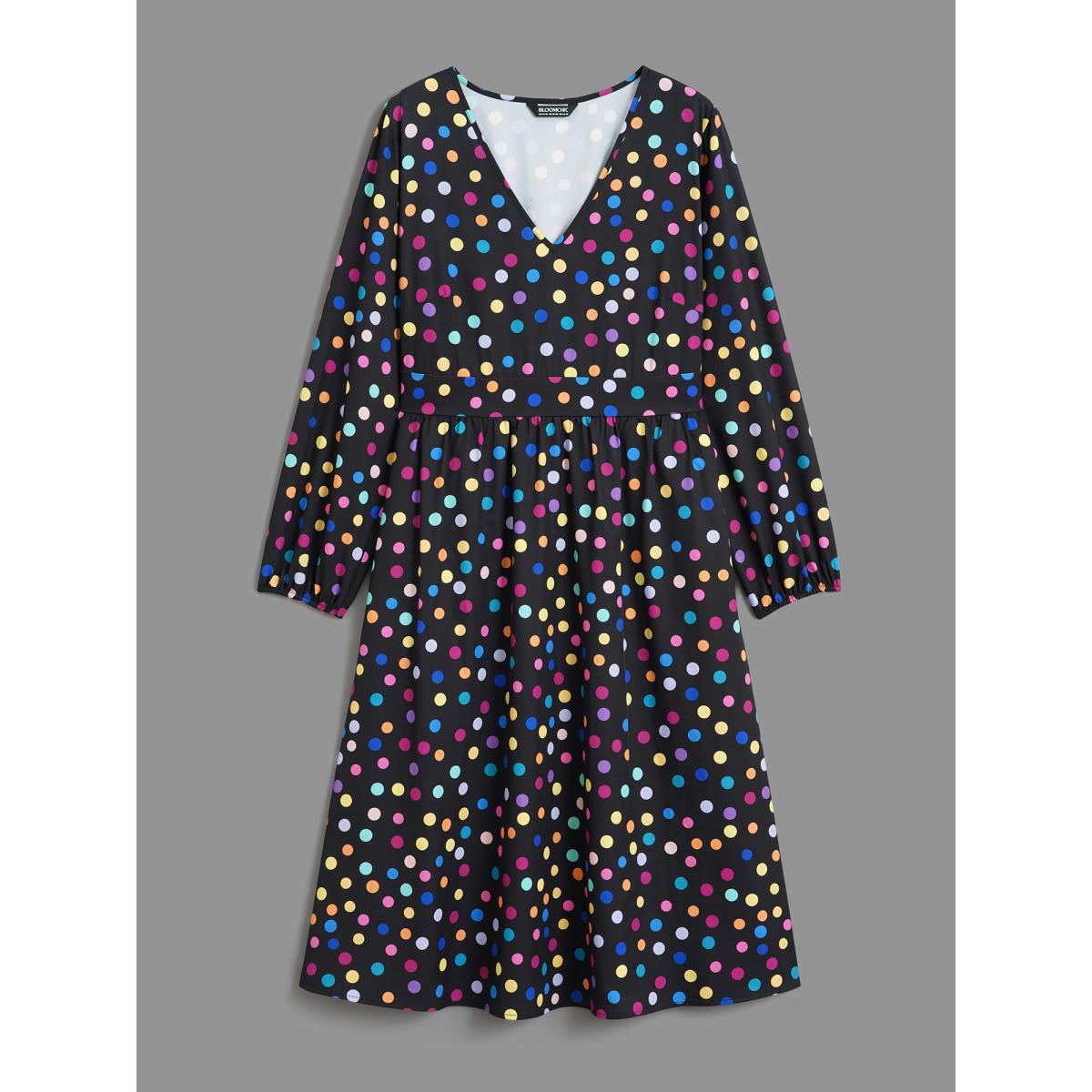 Plus Size Multi-Color Polka Dot Stretchy-Waist Dress Black Women Elegant Non V-neck Long Sleeve Curvy BloomChic 22-24/3X Product Image