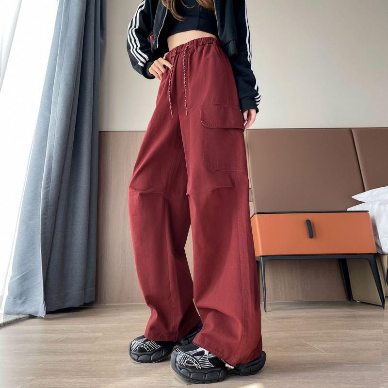 Drawstring Waist Plain Wide Leg Cargo Pants Product Image