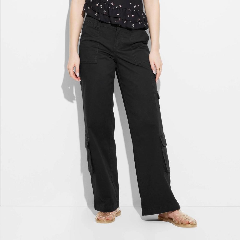 Women's Mid-Rise Straight Leg Cargo Pants - Wild Fable™ Black 1X: Elastic Waist, Pockets Product Image