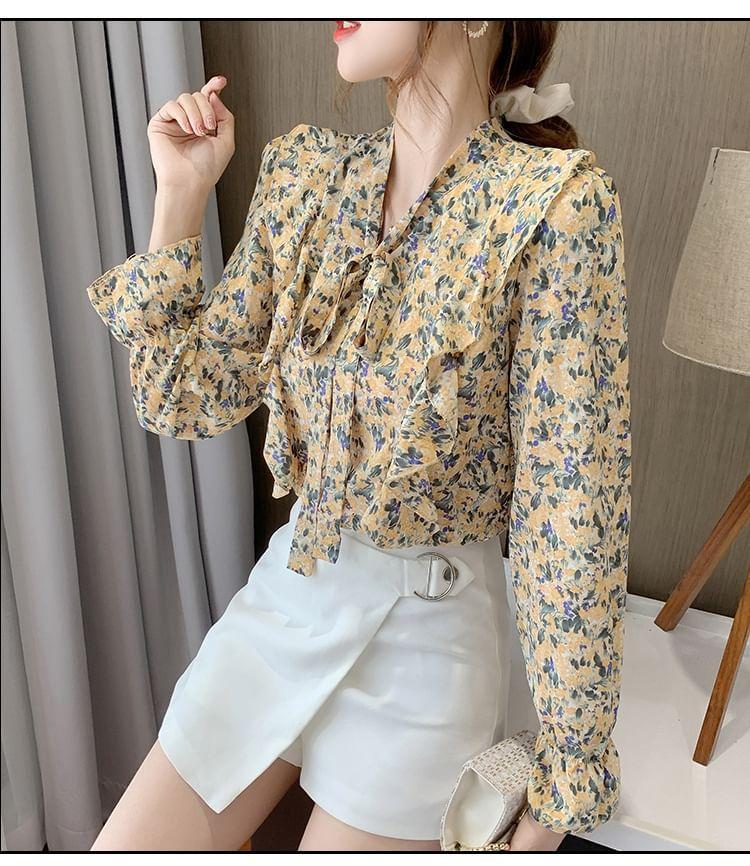 Long-Sleeve Tie-Neck Floral Print Ruffle Trim Blouse Product Image