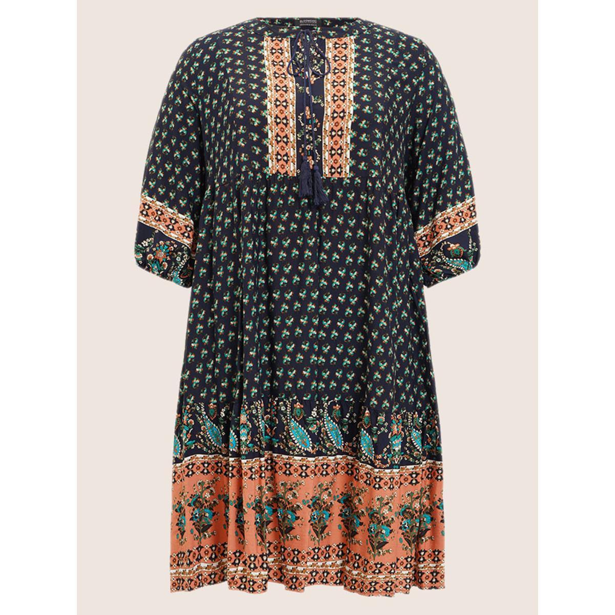 Plus Size Bandana Tassels Lantern Sleeve Ruffle Pocket Keyhole Neck Dress Indigo Women Resort V-neck Elbow-length sleeve Curvy Midi Dress BloomChic 30/6X Product Image