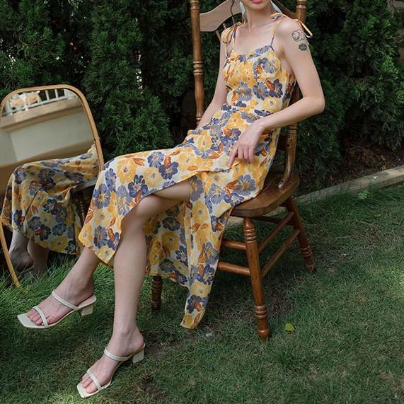 Tie Shoulder Floral Print Slit Maxi A-Line Dress Product Image