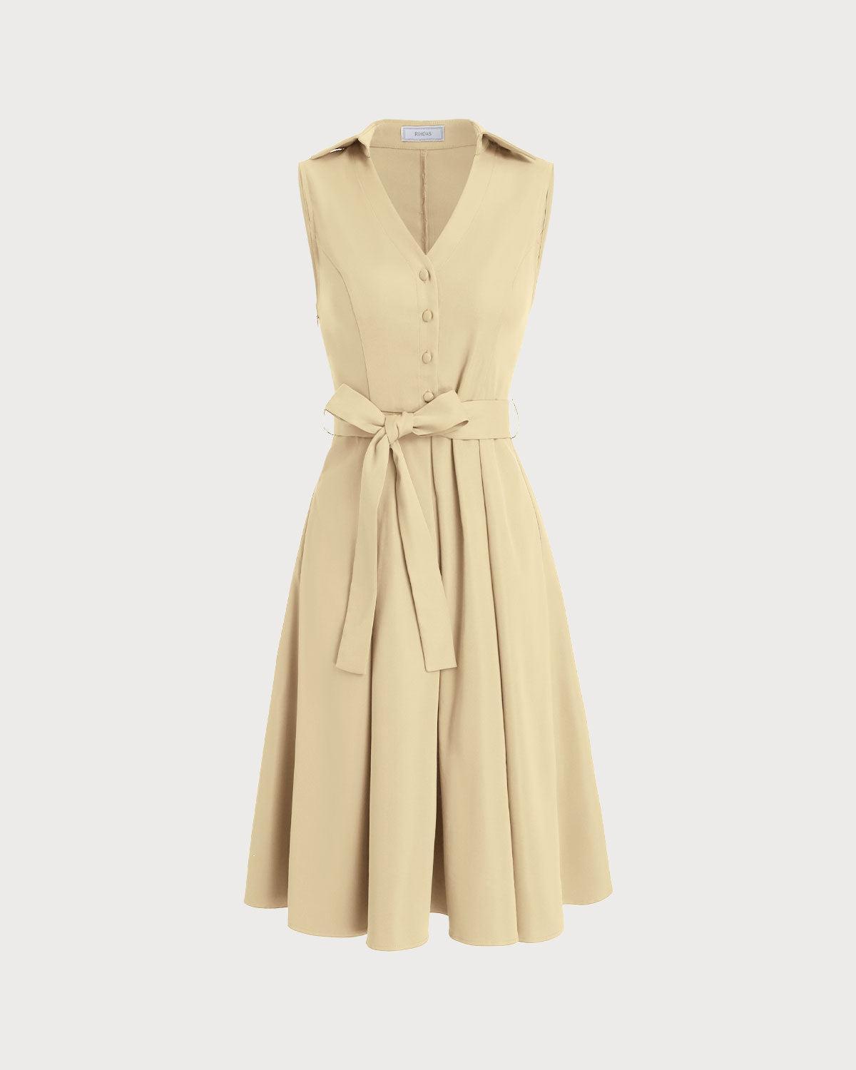 Apricot Button Sleeveless Midi Dress Product Image