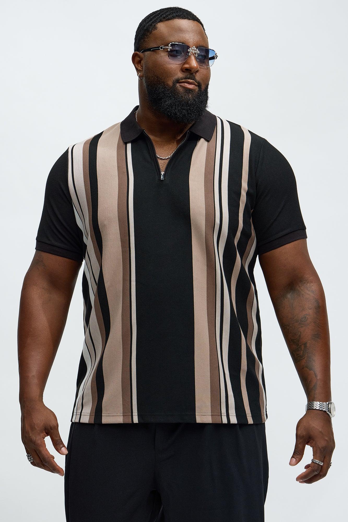 Textured Striped Quarter Zip Polo - Black Product Image