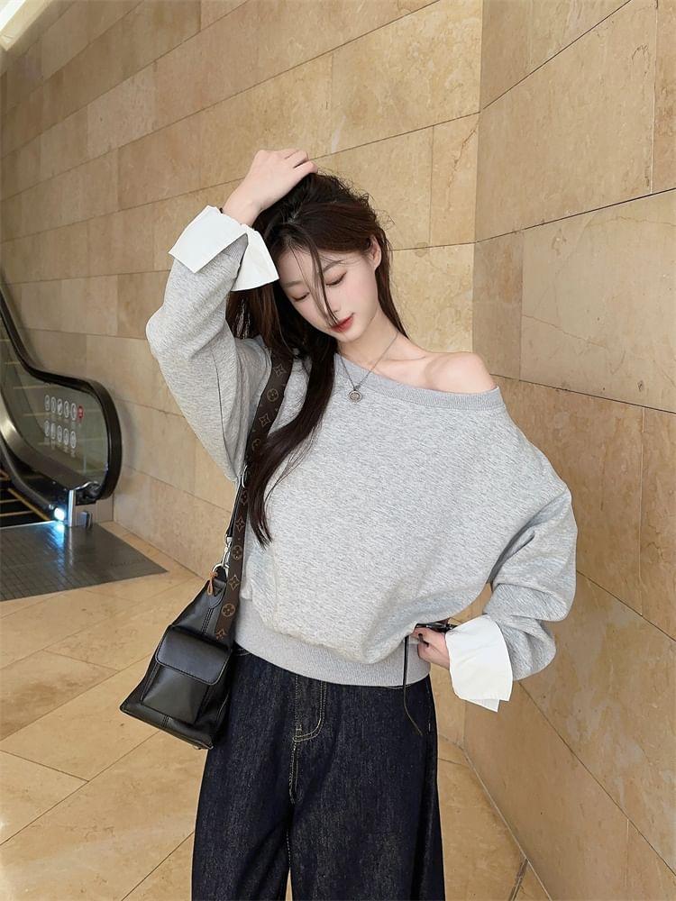 Panel Cuff One Shoulder Sweatshirt Product Image