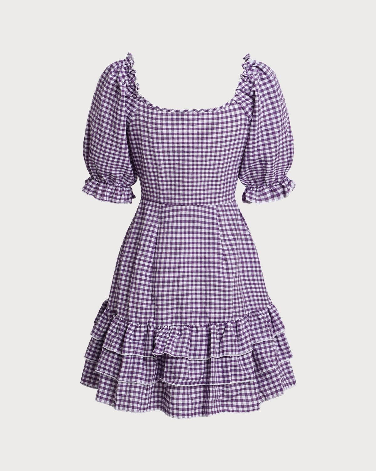 Purple Plaid Puffed Sleeve Button Mini Dress Product Image