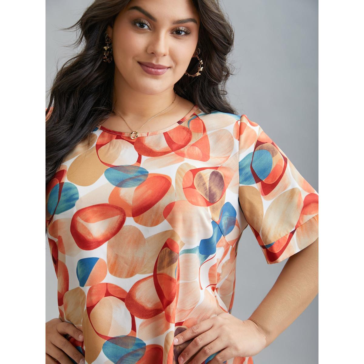 Plus Size Salmon Multi-Color Drops Round Neck Blouse Women Elegant Half Sleeve Round Neck Everyday Blouses BloomChic 14-16/1X Product Image