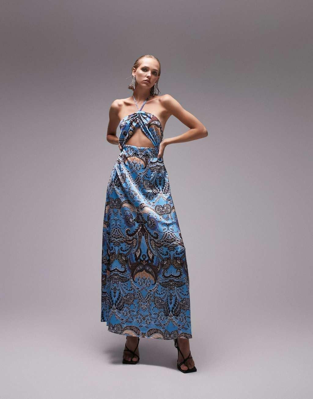 Topshop Petite paisley cut out halter maxi dress Product Image