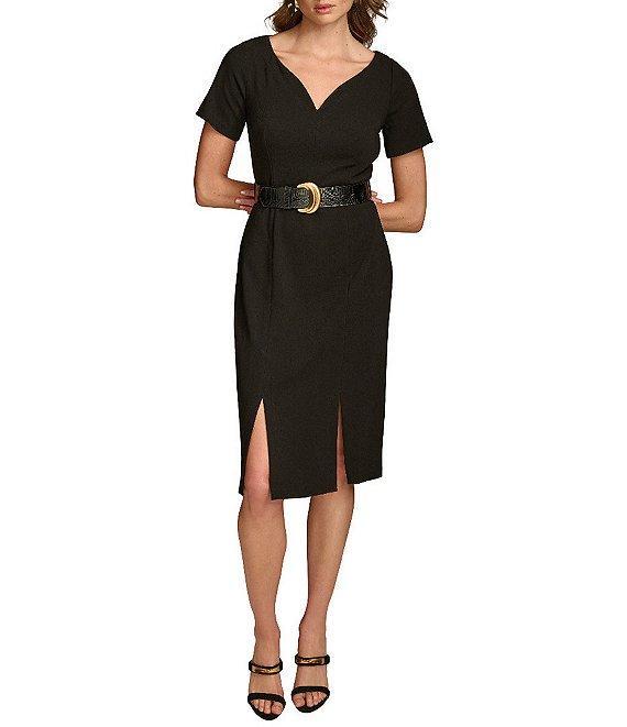 Donna Karan Solid Cady Crepe V-Neck Short Sleeves Belted Sheath Dress Product Image