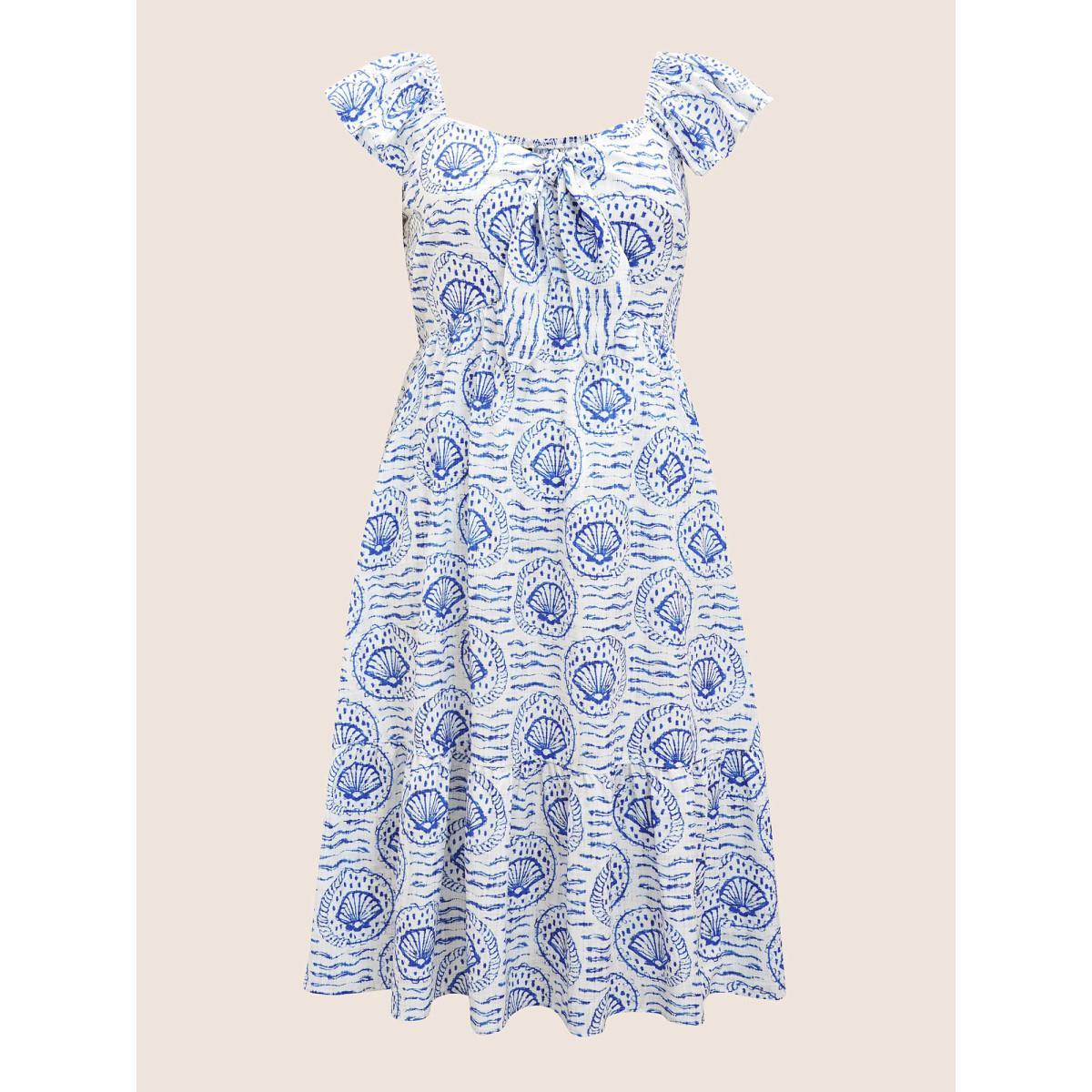 Plus Size Marine Elements Ruffles Tie Knot Maxi Dress LightBlue Women Resort Tie knot Heart neckline Cap Sleeve Curvy BloomChic 14-16/1X Product Image