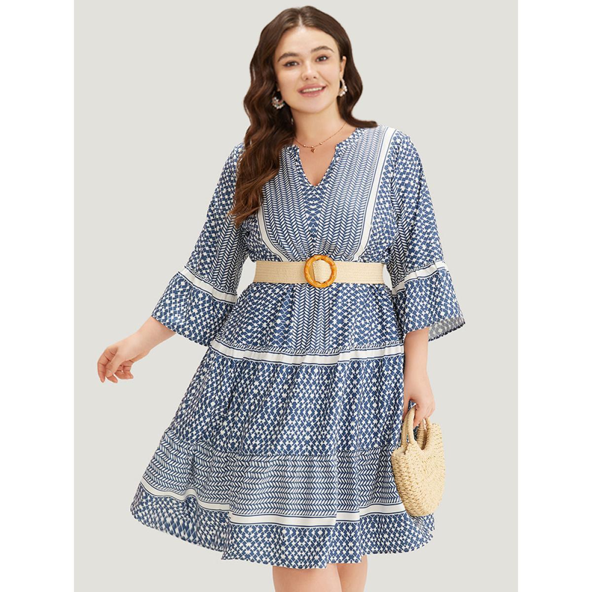 Plus Size Bandana Print Notched Pocket Patchwork Dress Stone Women Vacation Gathered Notched collar Elbow-length sleeve Curvy Midi Dress BloomChic 28/5X Product Image