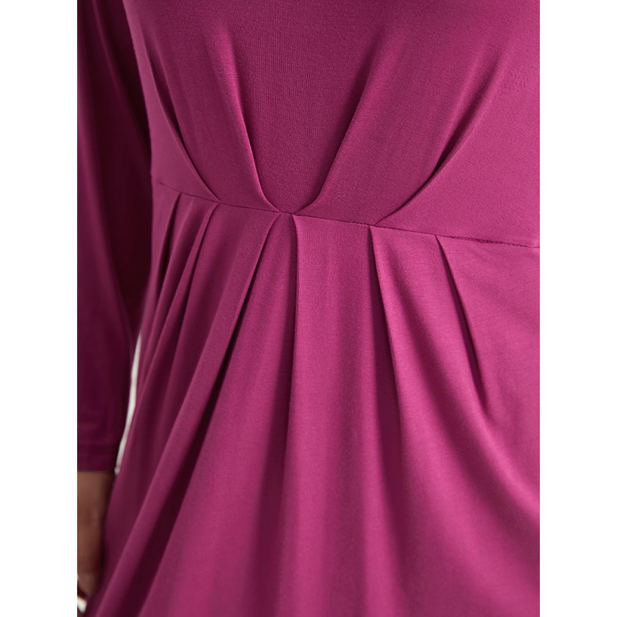 Plus Size Solid Pocket V Neck Plicated Detail Dress RedViolet Women Casual Plain V-neck Long Sleeve Curvy Midi Dress BloomChic 26/4X Product Image