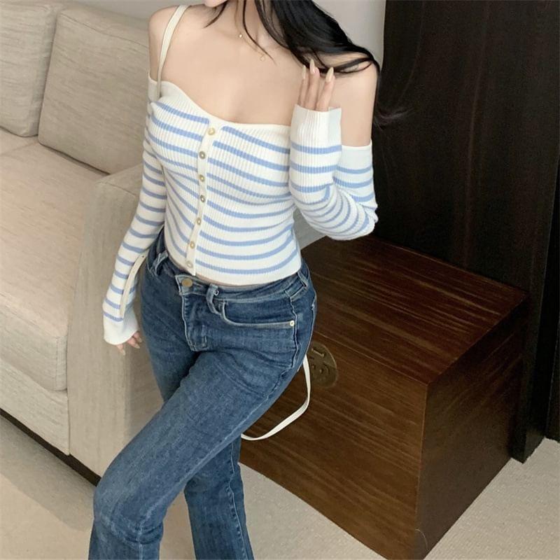 Off Shoulder Long Sleeve Striped Button Down Crop Knit Top Product Image