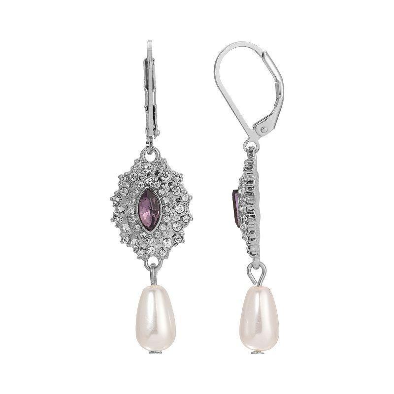 1928 Silver Tone Crystal & Simulated Pearl Starburst Drop Earrings, Women's, Red Product Image