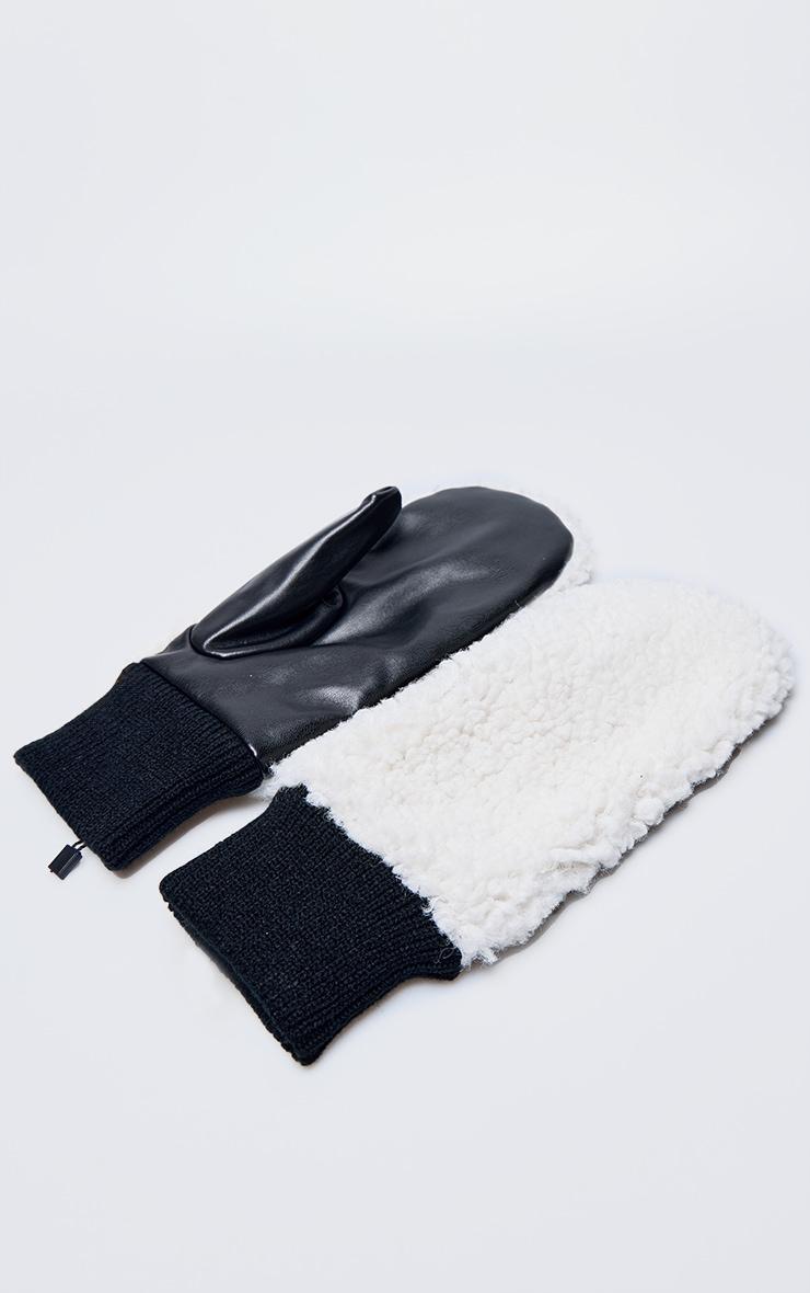 Cream Borg Contrast PU Mittens Product Image