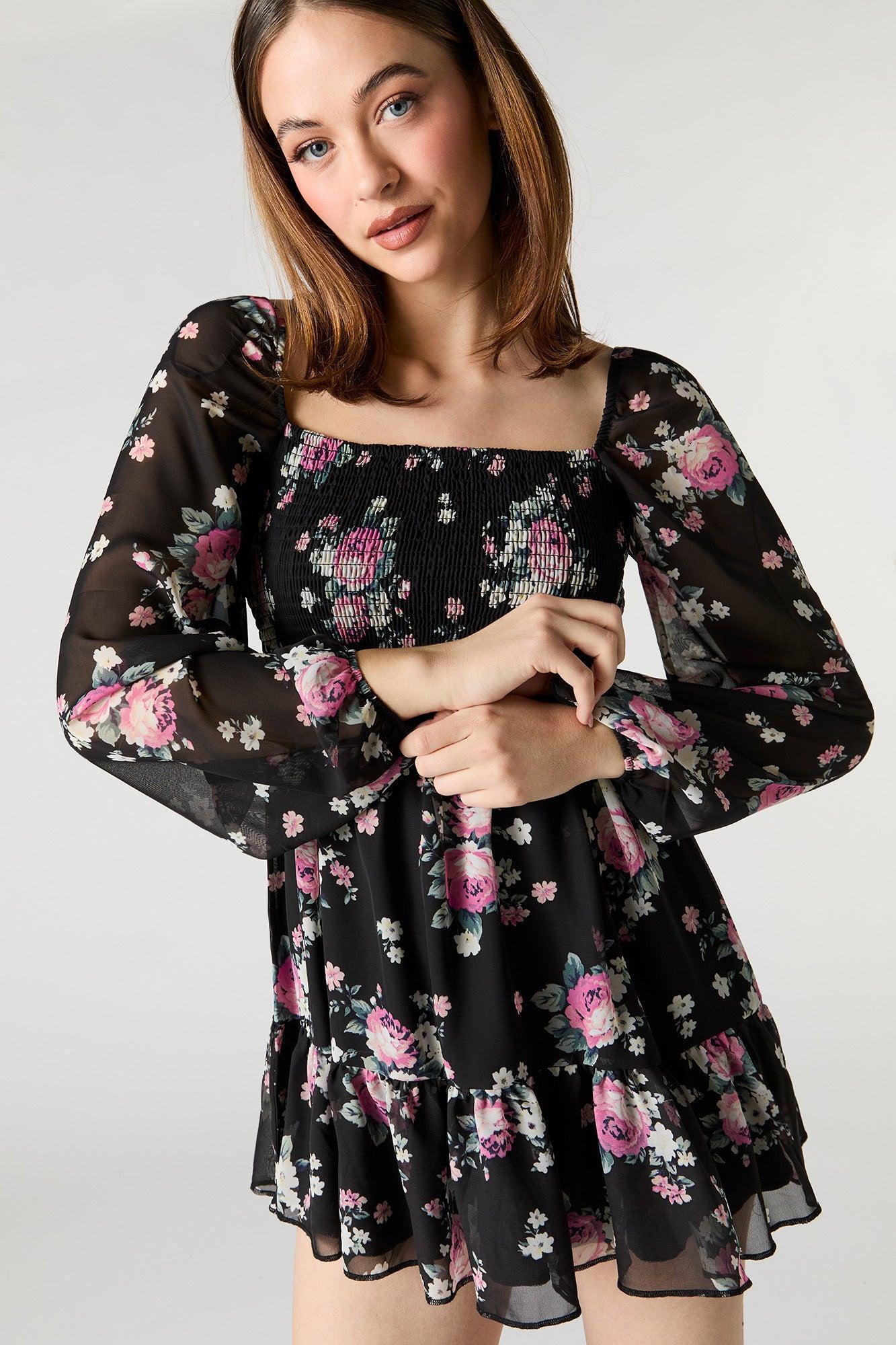 Floral Chiffon Smocked Long Sleeve Mini Dress Female Product Image