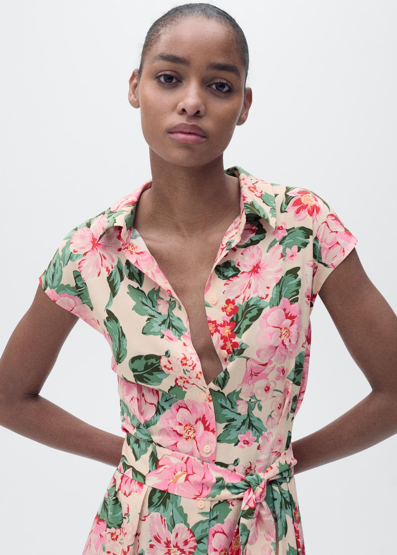 Printed shirt dress with belt - Women | MANGO USA Product Image