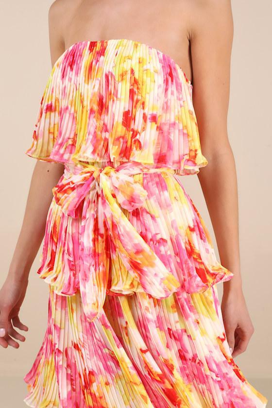 Nessa Yellow and Pink Abstract Plisse Tiered Midi Dress Product Image