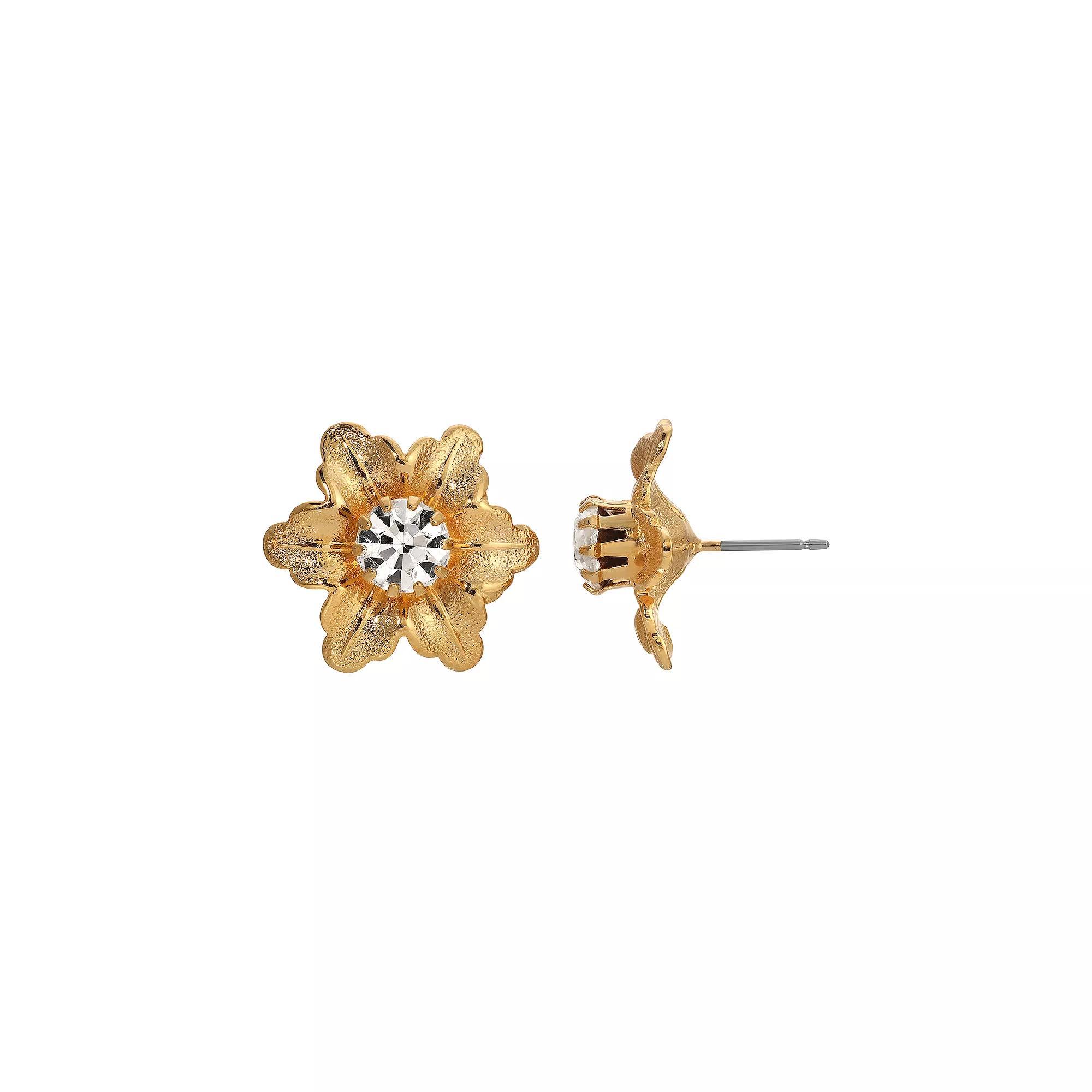 1928 Gold Tone Crystal Flower Stud Earrings, Womens, White Product Image