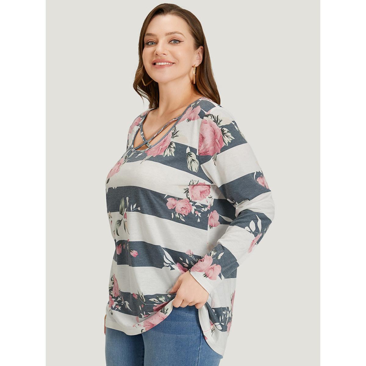 Plus Size Floral Striped Patchwork Crisscross T-shirt Indigo Women Casual Printed Striped Round Neck Dailywear T-shirts BloomChic 30/6X Product Image