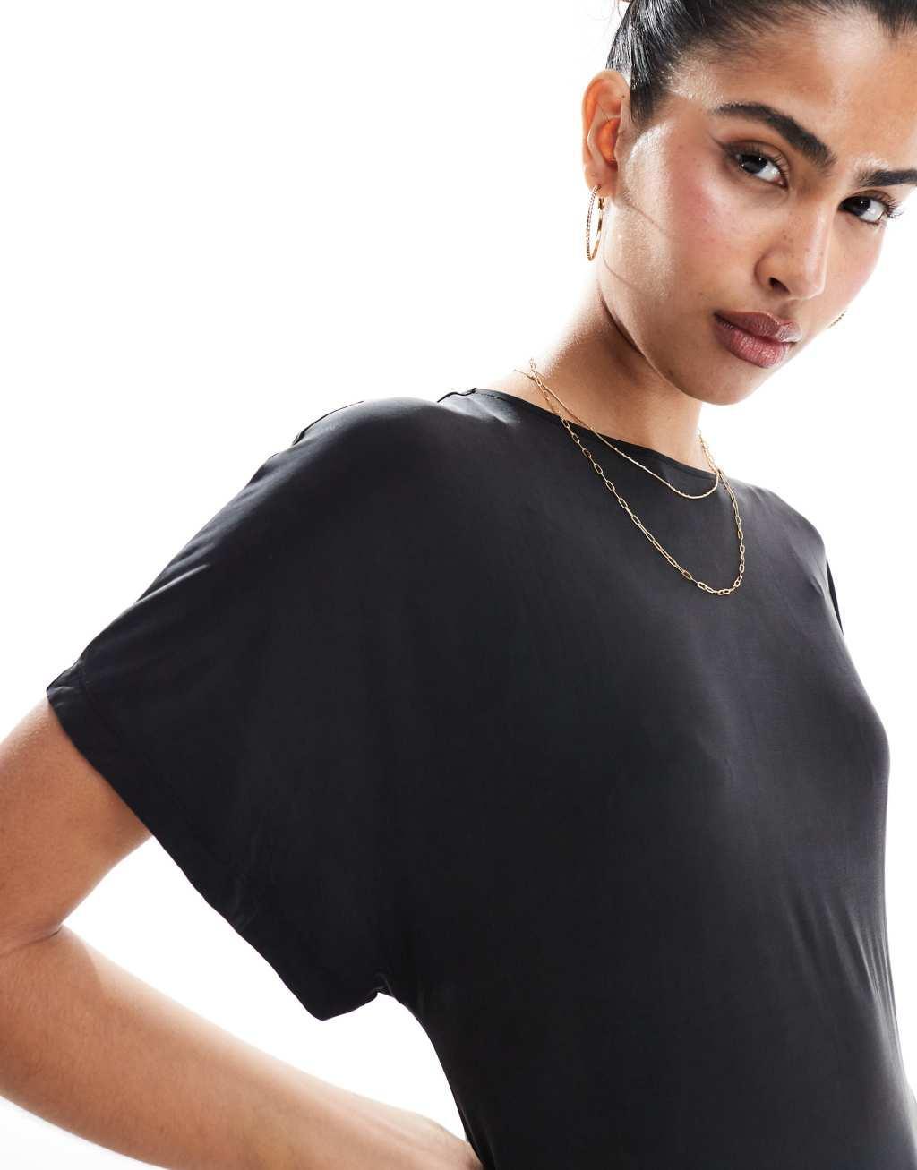 & Other Stories luxe jersey midi dress with boat neck and thigh slit in black Product Image