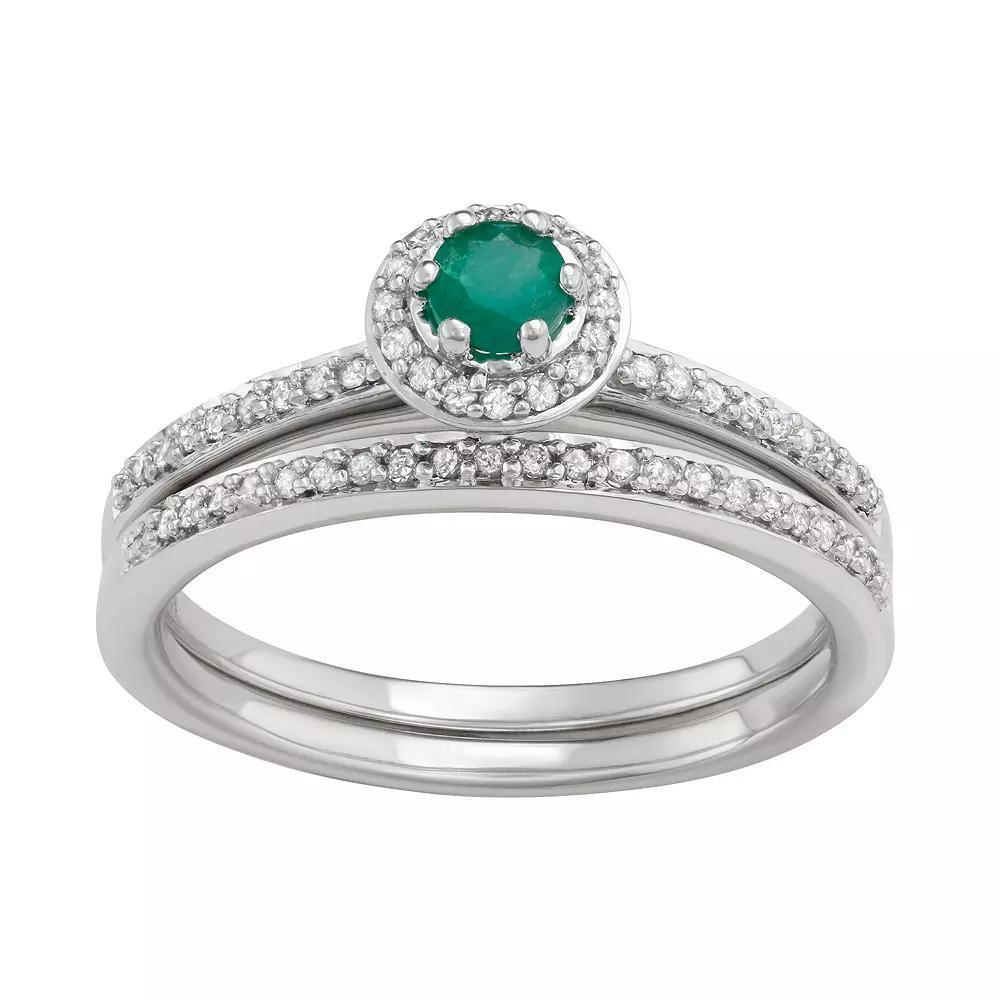 10k White Gold 1/3 Carat T.W. Diamond & Gemstone Halo Engagement Ring Set, Women's, Size: 5, Green Product Image