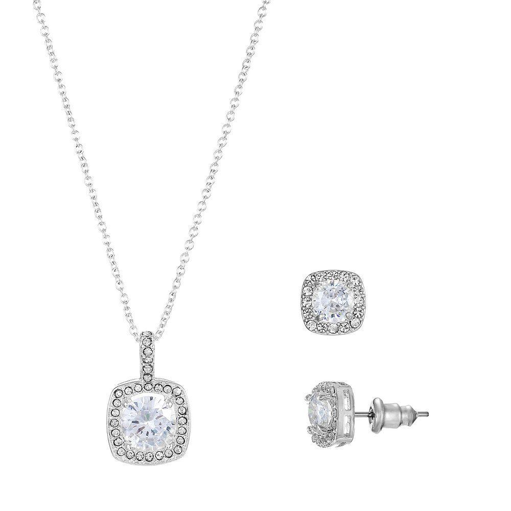 Silver Tone Cubic Zirconia Cushion Cut Halo Pendant Necklace & Stud Earrings Set, Women's, Silver Tone Clear Product Image