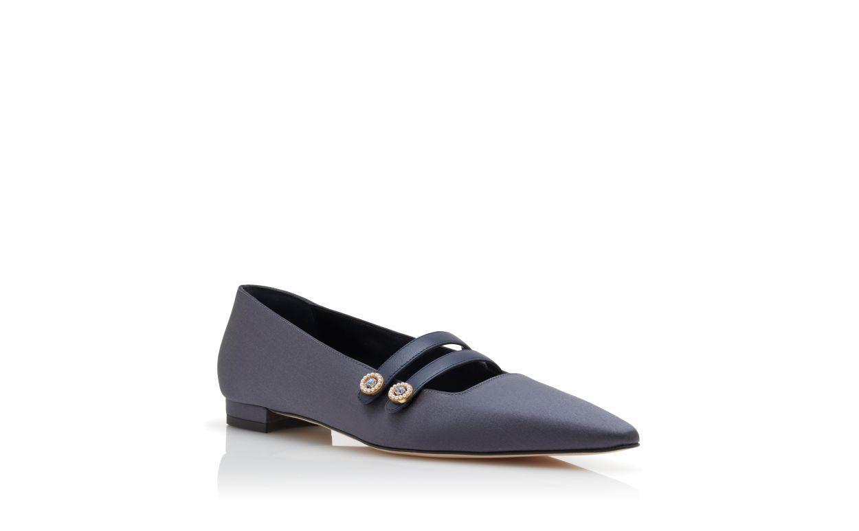 POLMANA Navy Blue Satin Embellished Flat Pumps Product Image