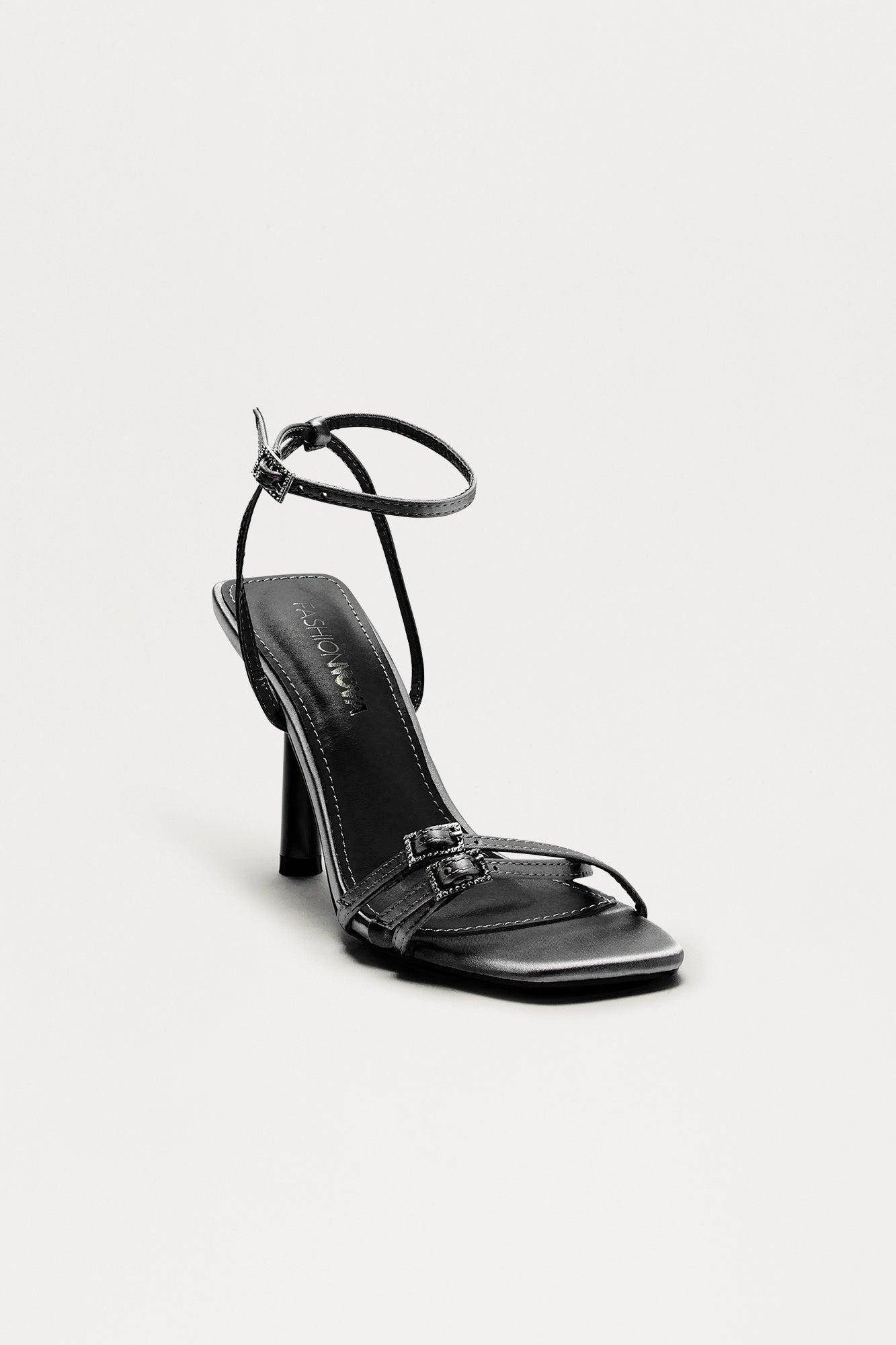 Flounce Satin Ankle Strap Heels - Black Product Image