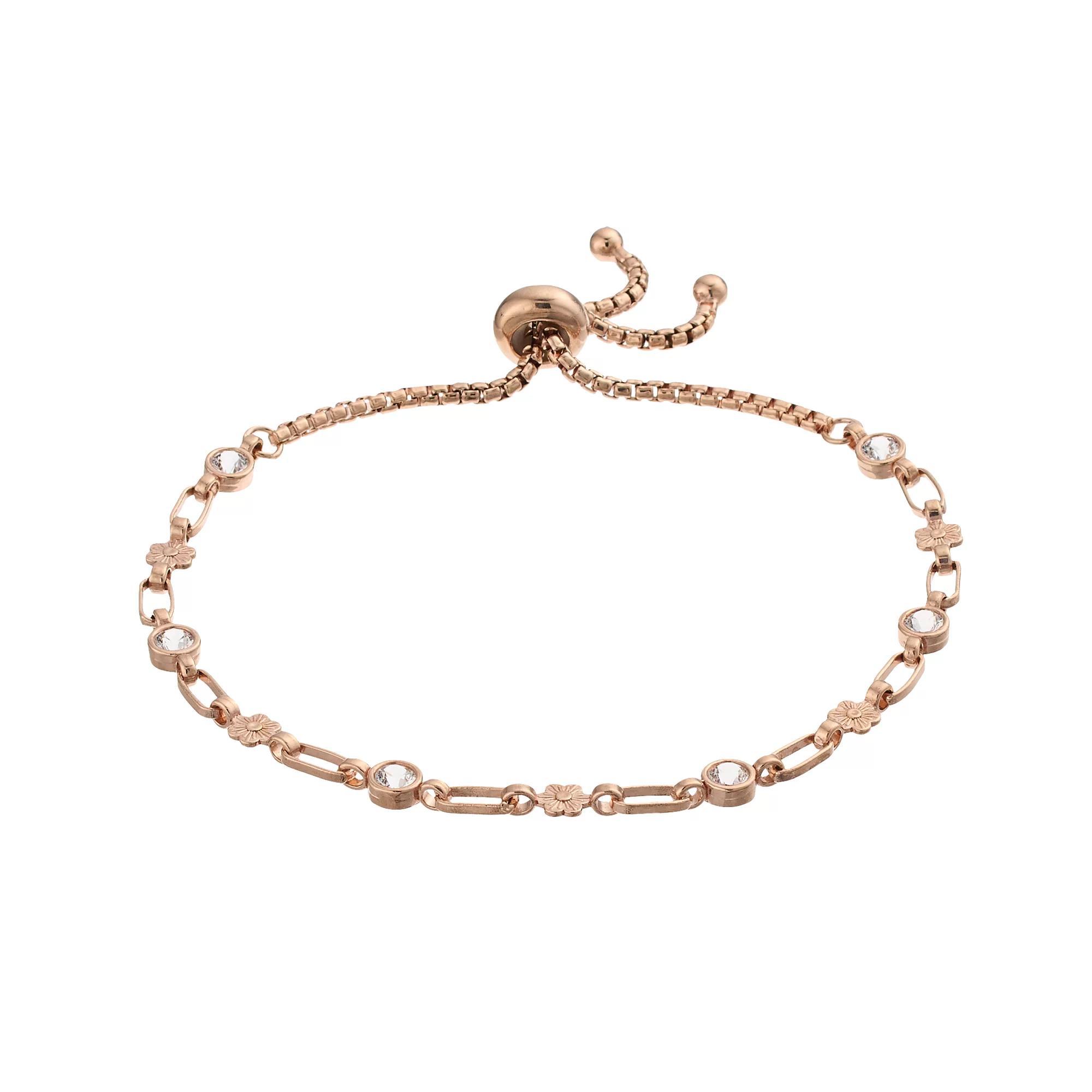 Kristen Kesho Sterling Silver Lab-Created White Sapphire & Flower Link Adjustable Bolo Bracelet, Women's, Size: 9.50, Pink Tone Product Image