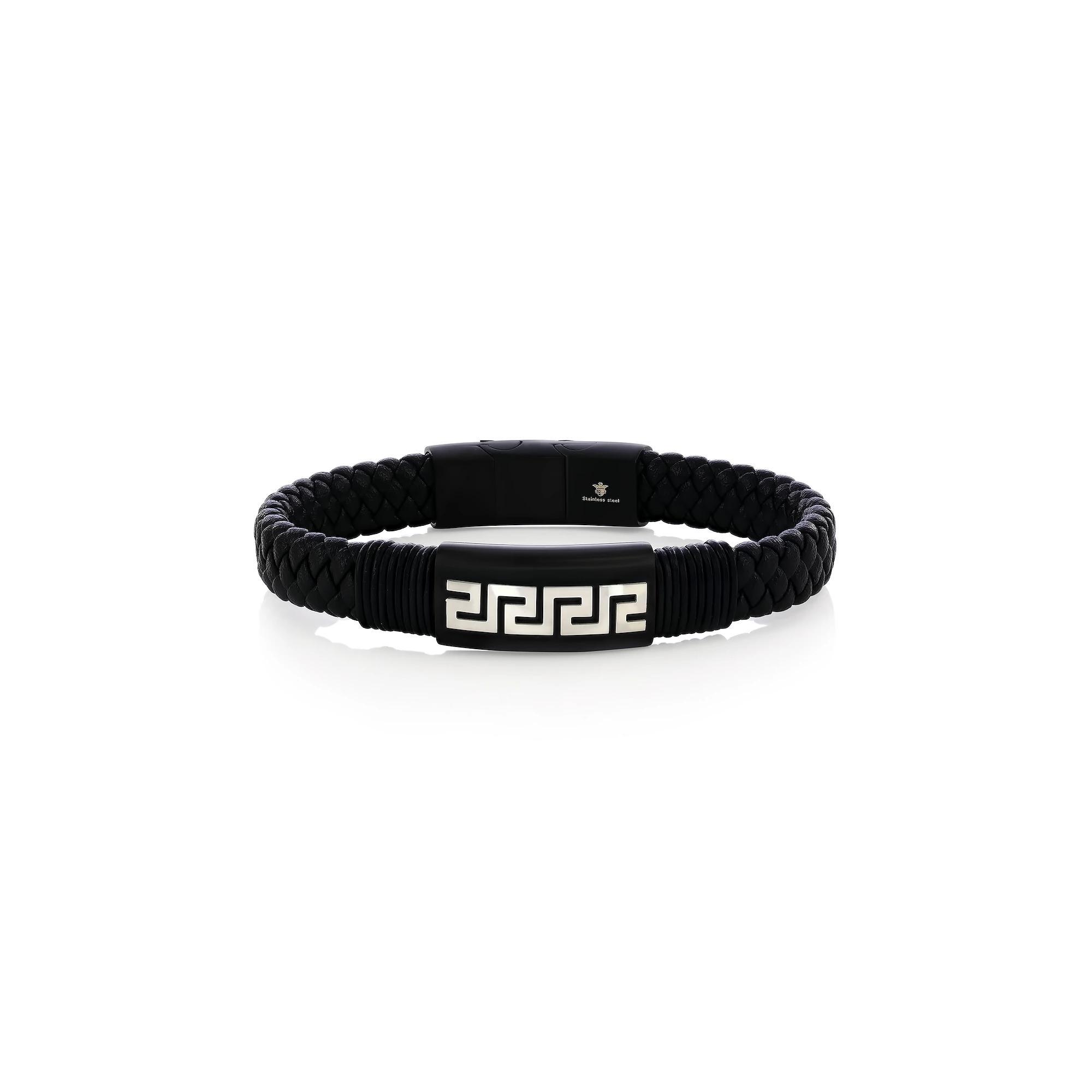 Men's Metallo Stainless Steel Greek Key Leather Bracelet, Size: 8.5", Black Stainless Product Image