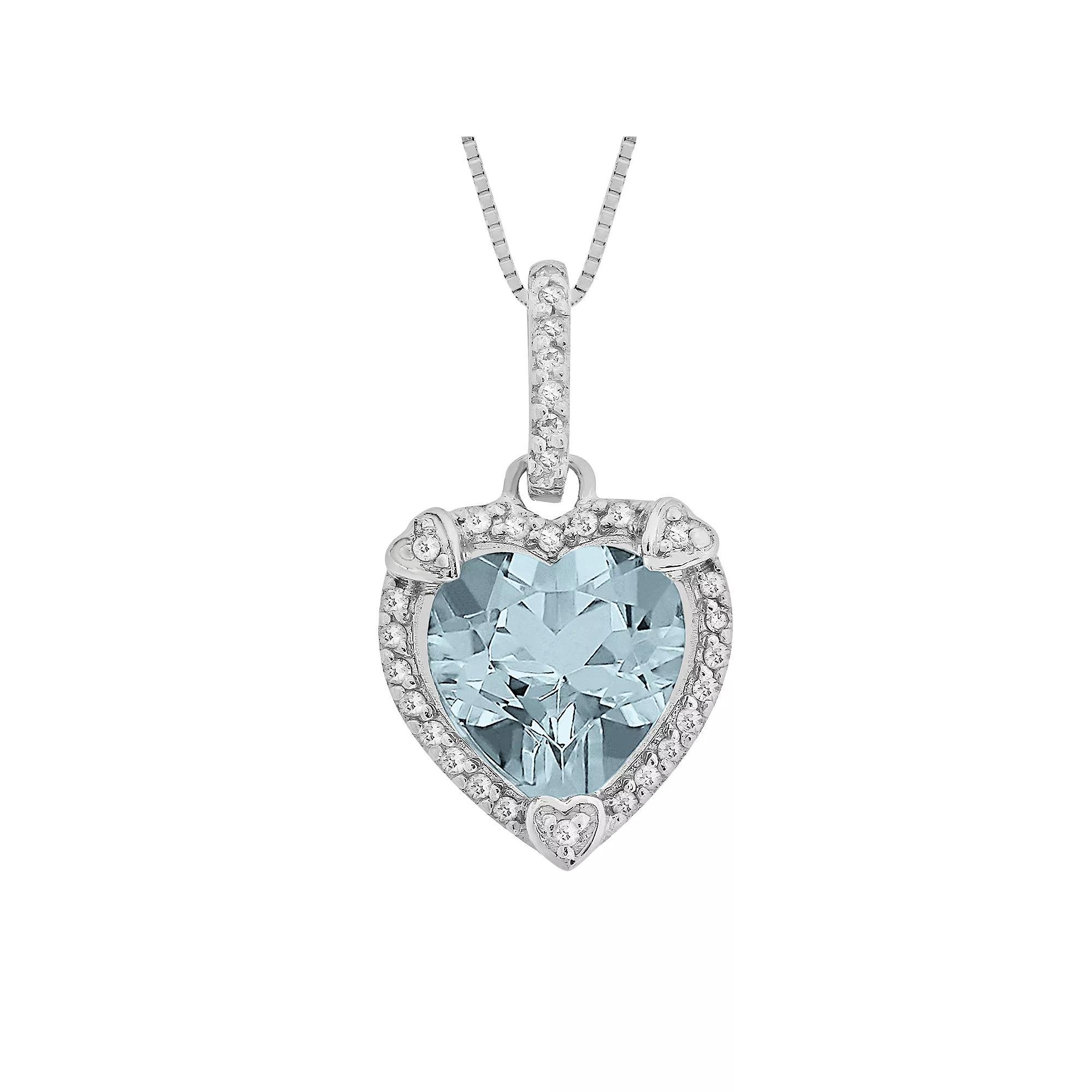 Gemminded Sterling Silver Lab-Created Aquamarine and Diamond Accent Heart Frame Pendant, Women's, Size: 18", Blue Product Image