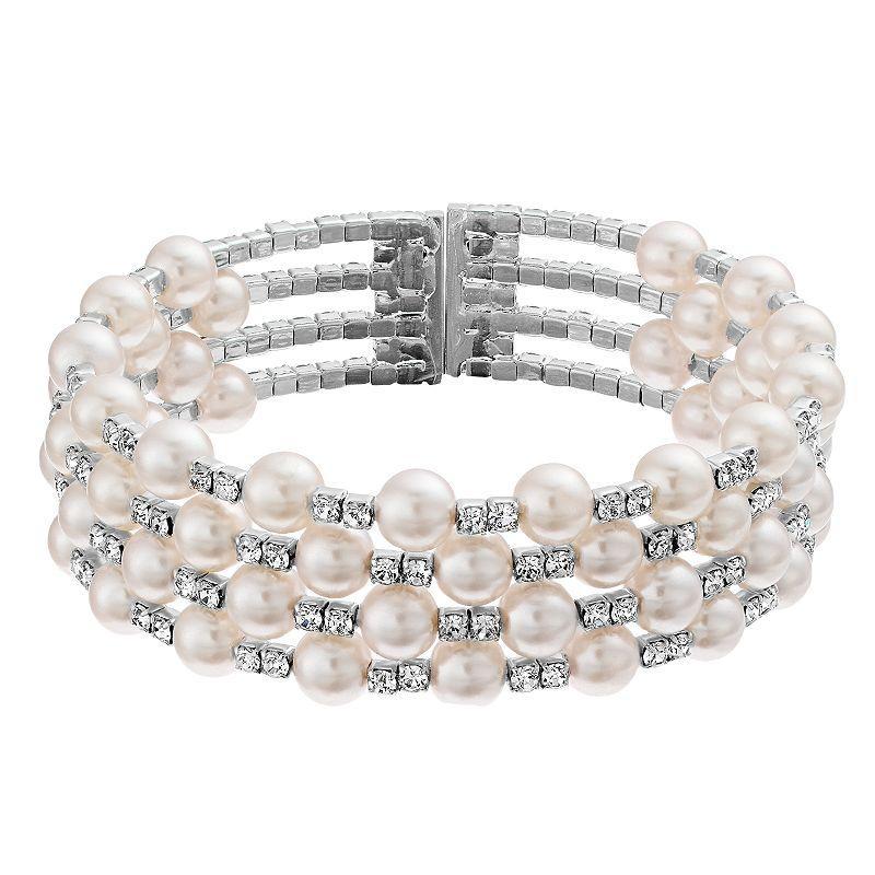 Vieste Four Row Crystal & Pearl Nickel Free Cuff Bracelet, Women's, Silver Tone Product Image
