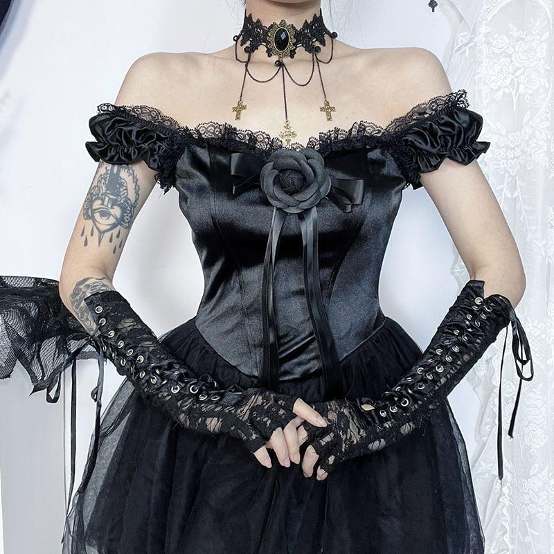 Off Shoulder Corset Waist Sheer Mini A-Line Dress Product Image