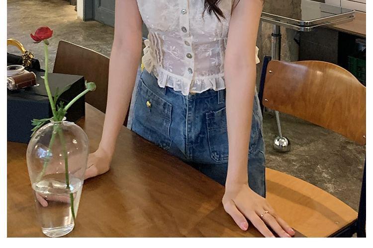 Puff Sleeve V-Neck Embroidered Ruffle Blouse Product Image