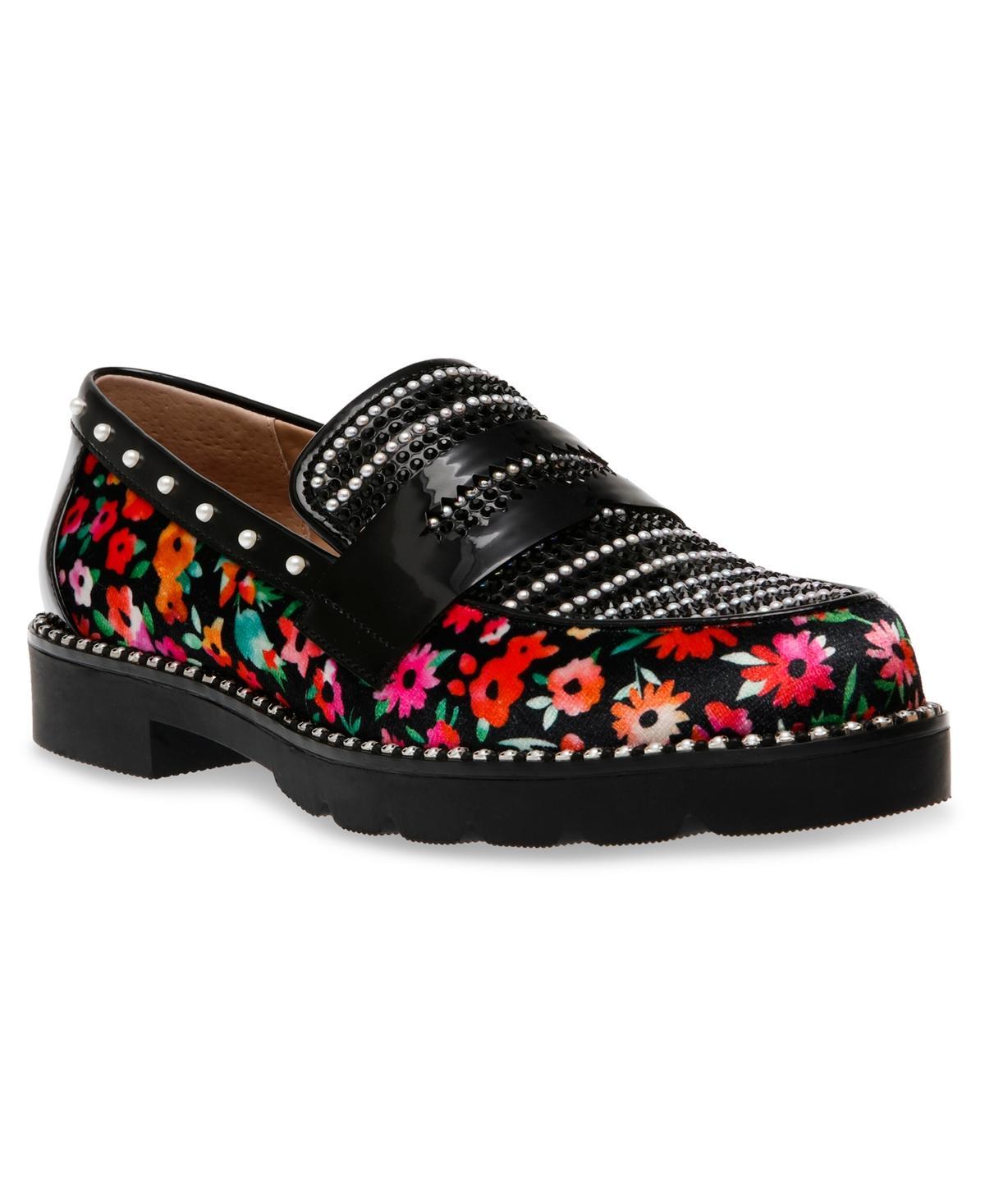 Betsey Johnson Womens Darian Pearl-Embellished Tailored Lug-Sole Loafers - Black Product Image