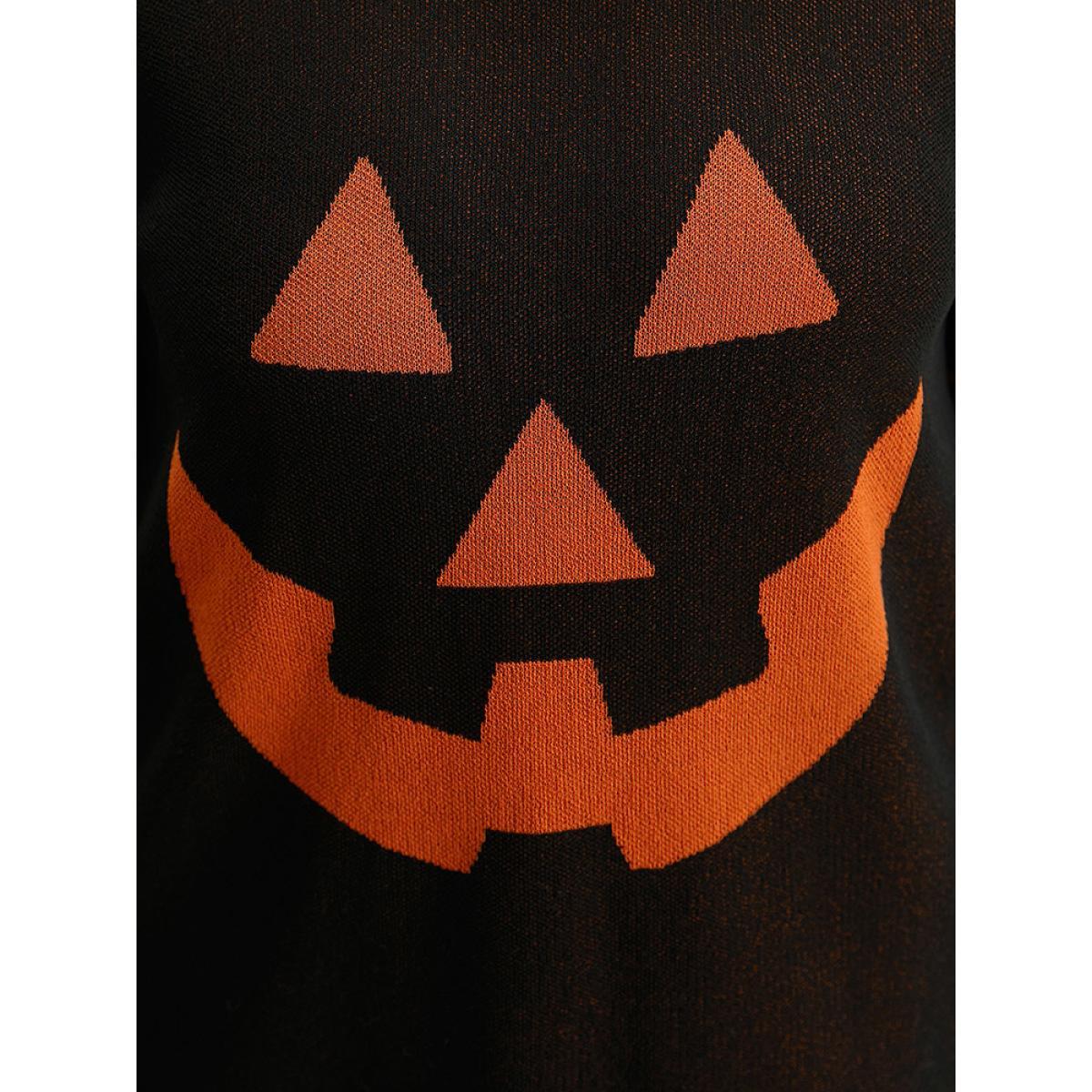 Plus Size Halloween Print Contrast Round Neck Pullover Black Women Casual Loose Long Sleeve Round Neck Festival-Halloween Pullovers BloomChic 12/L Product Image