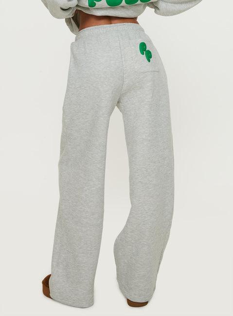 Princess Polly Wide Leg Track Pant Bubble Text Grey Marle / Green Product Image