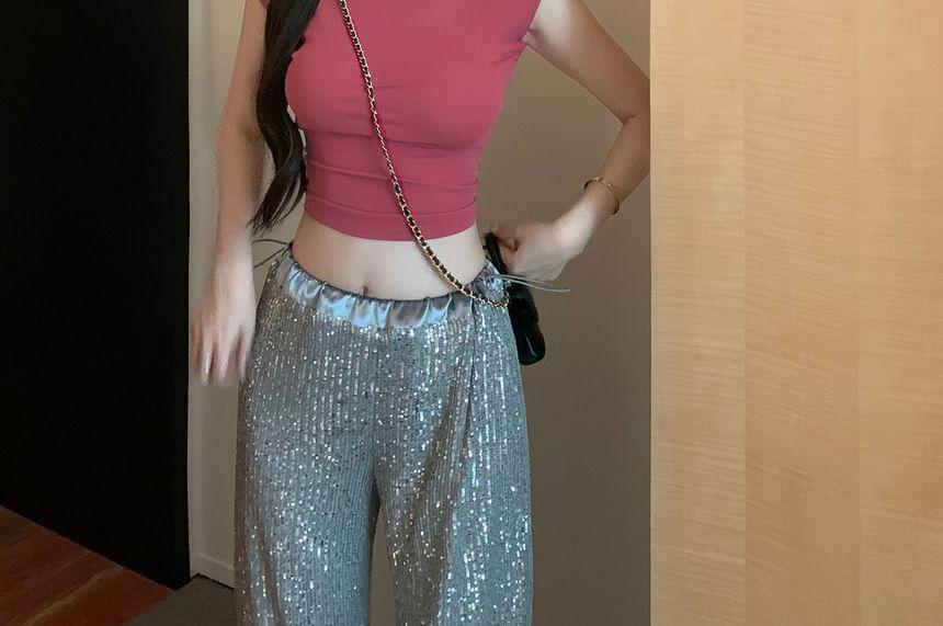 Half-Neck Plain Open-Back Slim-Fit Crop Tank Top Product Image